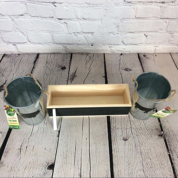 Lot of 3 Farmhouse Chic Decor 2 Galvanized Pails 1 Wood Box/Planter Chalkboard - Picture 6 of 7